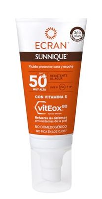 Ecran Sunnique - Fluido Protector Solar FPS 50 para Cuello y Escote, Protección UVB + UVA e IR-A, Refuerza las Defensas, Protege la Piel, Hidratación 24 h, Fórmula con VitEox 80 - 50 ml
