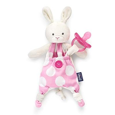 Chicco Pocket Friend - O amigo da chupeta, porta-chupetas para bebés recém-nascidos, em forma de coelho, prático e higiénico, para entretenimento, acalmar e mimar, chupeta peluche rosa