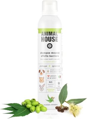 ANIMAL HOUSE - Shampoo Mousse Effetto Barriera 300ml - Antiparassitario - Naturale - Ipoallergenico - Protegge da insetti e zecche - Non necessita acqua - Con Olio Di Neem