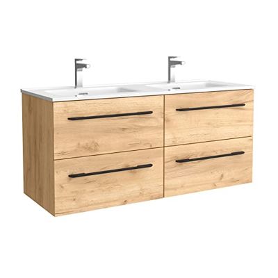 Salgar Mueble de baño Morai 120 cm 100% montado de fábrica | Acabado Roble Tirador Negro suspendido 4 cajones Cierre amortiguado| Lavabo Porcelana Blanca | Marca