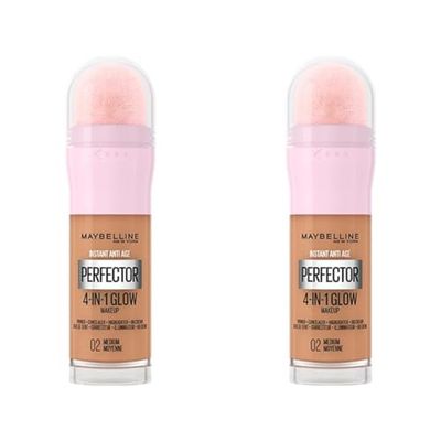 Maybelline New York Instant Anti Age Rewind Perfector, 4-In-1 Glow Primer, Concealer, Highlighter, Self-Adjusting Shades, Evens Skin Tone with a Glow Finish, Shade: 02 Medium (Pack of 2)