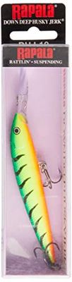 Rapala - Leurre de Pêche Down Deep Husky Jerk - Matériel de Pêche Résistant - Leurre Pêche Traîne d'Eau Douce et Mer - Prof de Nage 2.1-4.8m - 10cm / 11g - Fabriqué en Estonie - Firetiger