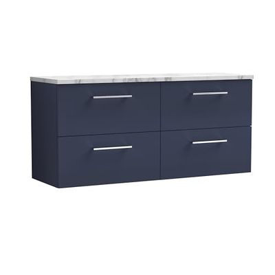 nuie ARN2924LCM2 Arno Modern Bathroom Wall Hung 4 Soft Close Drawer Vanity Unit and Carrera Marble Laminate Worktop, 1200mm, Midnight Blue