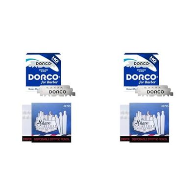 Dorco Lamette 100 Stainless Steel Single Edge Razor Blades + 20 Fiammiferi Emostatici Shave Factory (Confezione da 2)