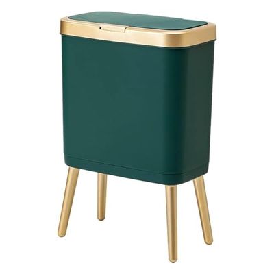 Procade Petite poubelle de salle de bain avec couvercle, poubelle en plastique avec bouton poussoir, corbeille étroite pour chambre à coucher, salon, toilettes, bureau, cuisine, 12,5 l - bord doré
