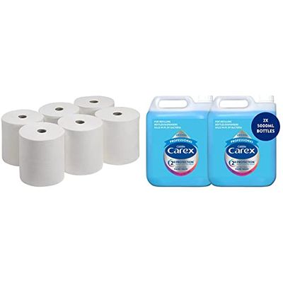 2WORK KF03804 2-Ply Centrefeed Roll, 150 m, White, Pack of 6 & Carex Original Professional Antibacterial Hand Wash - Bulk Buy Eco Refill, Gentle & Effective Liquid Hand Soap (2 X 5L)