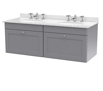nuie CLC294WR6 Classique Wall Hung 2 Drawer Unit & 3 Tap Hole Double Marble Top with Round Basin, 1200mm, Satin Grey/White