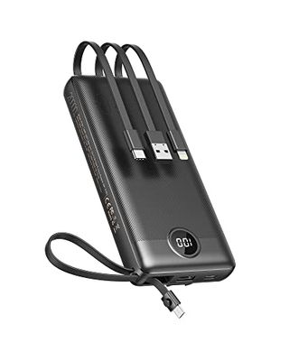 VEEKTOMX Power Bank 20000mAh Powerbank con Cavi Integrati Caricatore Portatile USB C Batteria Esterna con 5 Uscite e 2 Ingressi Compatibile con iPhone Samsung Huawei Xiaomi (20000mAh-Nero)