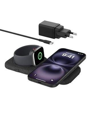 Belkin BoostCharge Pro Station de Recharge aimantée 2-en-1 Portable (Chargeur Qi2 Compatible MagSafe, Pliable, Chargeur sans Fil certifié, pour iPhone 16, Apple Watch Series 10, AirPods)