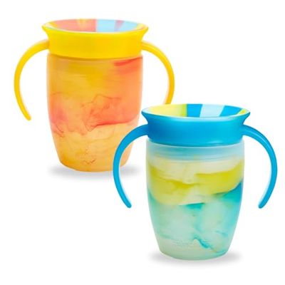 Munchkin Miracle 360 6+ Month 7oz Baby Sippy Cups (2-Pack). Trainer Cup, Spill-Free, Dishwasher-Safe Baby Water Bottle with Easy-Grip Handles. (Blue/Yellow)