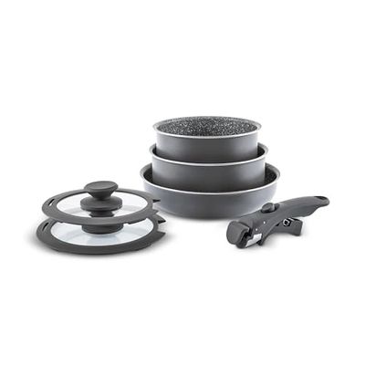 Karaca Comfort - Juego de sartenes de granito antiadherentes con tapa de cristal, 6 piezas, utensilios de cocina resistentes a los arañazos, 1 mango extraíble, olla de inducción y sartén, juego de 6