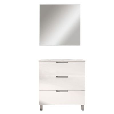 Kibath Conjunto de Mueble de Baño VOLARE 80 cm 3 cajones con Patas Acabado Blanco Brillo Fabricado en Madera, Grande