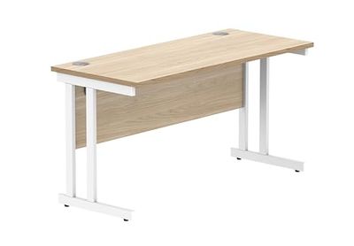 Office Hippo Essentials Rechthoekig schrijfcomputer, werkplek, thuiskantoor bureau met kabelpoortbeheer, Canadees eiken, wit frame, 140 x 60 x 73 cm (b x d x h)