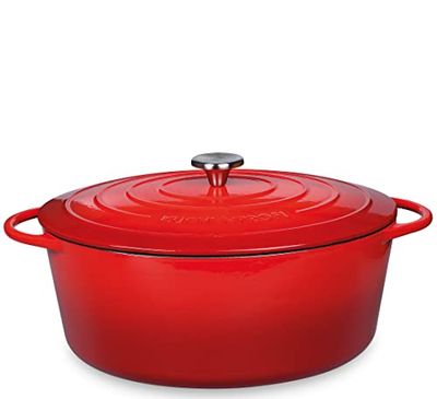 Küchenprofi Fuente para asar de hierro fundido con tapa, interior rojo/negro, 35 cm, cacerola, horno holandés, molde para hornear pan, esmaltado, para todas las cocinas (incluyendo inducción), para