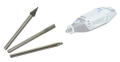 TIVOLY - Set med 3 diamantfräsar i flera former - spår och gravyr av glas, lergods och mjuka metaller - fäste: Cylindrisk svans Ø3,2 mm - för Dreamle/PROXXON