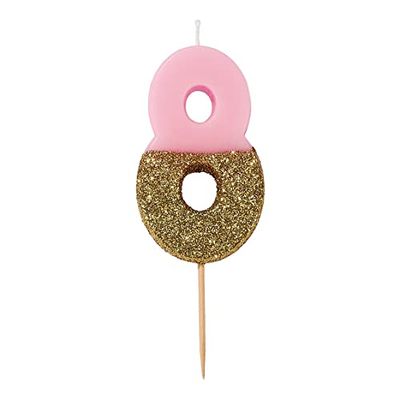 Talking Tables Roze verjaardagskaars nummer 8 met gouden glitter,.Premium kwaliteit taarttopper decoratie,.Mooi, sprankelend voor kinderen, volwassenen, 18e, 80ste verjaardagsfeestje, jubileum, mijlpaalleeftijd, Meerkleurig, Hoogte 8cm, 3"