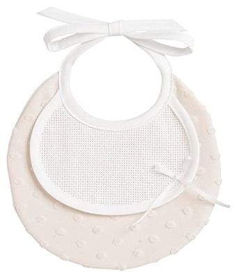 Filet - Klein rond slabbetje van zachte stof met 3D-effect met Aida-stof om op te borduren, sluiting met bandjes, ideaal voor pasgeborenen, gemaakt in Italië, kleur taupe