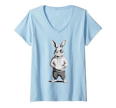 Donna Bunny With Sunglasses And Hoodie Happy Easter Day Bunny Face Maglietta con Collo a V