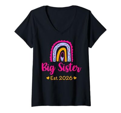 Womens Soon To Be Big Sister 2026 Baby Reveal Rainbow Graphic V-Neck T-Shirt