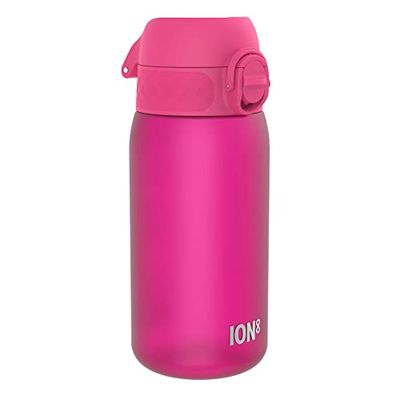 Ion8 Kids Water Bottle, 350 ml/12 oz, Leak Proof, Easy to Open, Secure Lock, Dishwasher Safe, BPA Free, Carry Handle, Hygienic Flip Cover, Easy Clean, Odour Free, Carbon Neutral, Pink