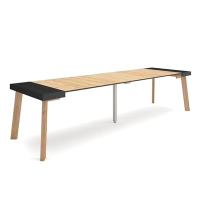 Skraut Home | Mesa Consola Extensible | Mesa Comedor Plegable | 300 | para 14 comensales | Patas de Madera | Estilo Moderno | Negro y Roble