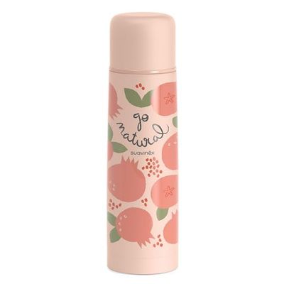 Suavinex, Thermos Liquids for Baby, Stainless Steel Thermos with Airtight Closure, for Hot and Cold Drinks, 500 ml, Pomegranate Design, Coral
