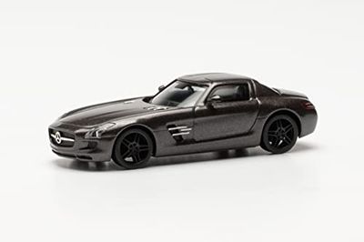 Herpa Mercedes-Benz SLS AMG, fidèle à l'échelle Originale 1:87, modèle de Voiture pour Le Diorama, modélisme, Objet de Collection, décoration, fabriqué en Plastique, 430784-002, Monza Metallic Grey