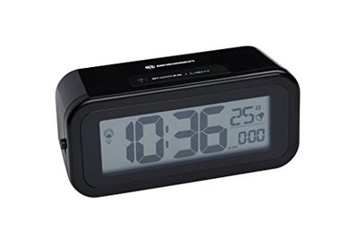 Bresser DCF MyTime Amber Despertador radiocontrolado com retroiluminação âmbar de ajuste permanente com sensor de luz (funciona a pilhas), alarme e indicação de temperatura, preto