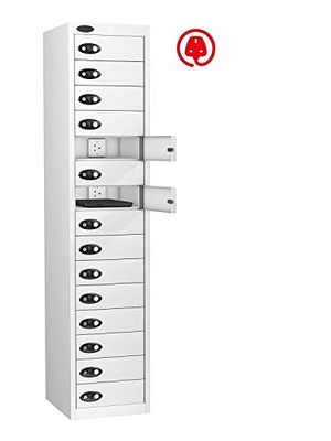 15 Door Media Charging Locker, White, Cam Lock