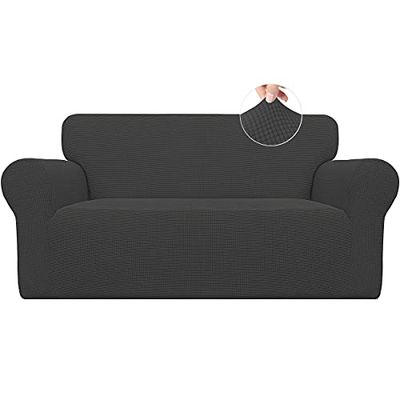 Easy-Going Housse de canapé Extensible 1 pièce pour canapé Doux avec élastique en Mousse antidérapante pour Enfants, Tissu Jacquard élasthanne, Petits Carreaux (Causeuse, Gris foncé)
