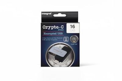 Integral 16GB Crypto-C Dual Encrypted USB Flash Memory Drive, AES-XTS 256-Bit Hardware Encrypted USB 3.2 with Secure Dual Password - Certified to FIPS 197, Compatible with Mac, MacBook, PC, laptop