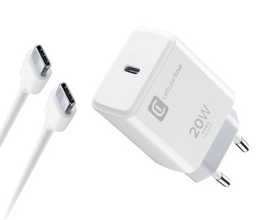 Cellularline - Charger Kit 20W - For iPhone 15 Series - Kit formato da un Caricabatteria USB-C 20W + un Cavo USB-C, in grado di caricare in tutta sicurezza i diversi modelli di iPhone 15