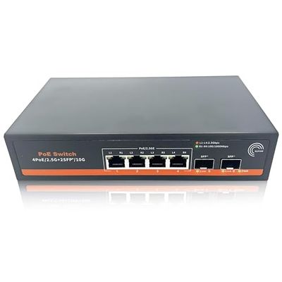 Elfcam® - PoE glasvezelschakelaar 10 Gb compatibel met Cisco en Freebox Ultra, met 2 10G SFP+ poorten en 4 poorten 2,5 Gigabit Ethernet RJ45 PoE, plug & play onbeheerd