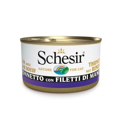 Schesir, Comida húmeda para Gatos Adultos, Sabor bacoreta con filetes de Carne de Buey en gelatina Blanda - Total 2 kg (24 latas monodosis x 85 gr)