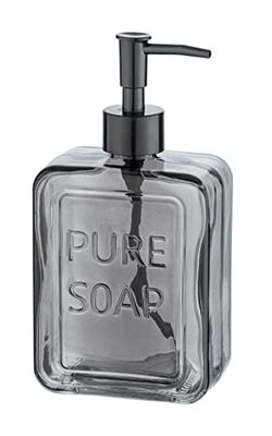 WENKO Distributeur de savon Pure Soap, distributeur de savon liquide rechargeable en verre, distributeur de désinfectant pour la cuisine, la salle de bain, 550 ml, 9,5x20x6cm, gris