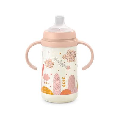 Suavinex, Fles met handvat, leerbeker voor baby's met zachte tuit van siliconen, met anti-kolieksysteem, kinderfles met handgrepen, lekvrij, vaatwasmachinebestendig, 6 maanden, 270 ml, roze