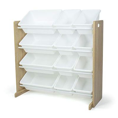 Humble Crew WO70526 Étagère pour Enfants - Organisateur de Jouets avec 12 Bacs de Rangement, Naturel/Blanc