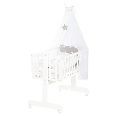 roba Babysäng Little Stars 40 x 90 cm i trä - Vagga & Babysäng - Sänguppsättning komplett med låsfunktion & textilutrustning - Vit/Grå