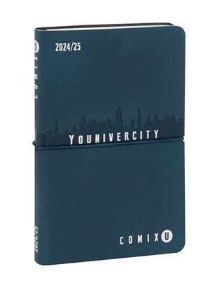 COMIX U Younivercity Weekkalender 13 maanden, medium, kalender 2024-2025 met vaste omslag, elastische bandsluiting en 224 pagina's, ideaal voor de universiteit, 11,8 x 18 cm, blauw