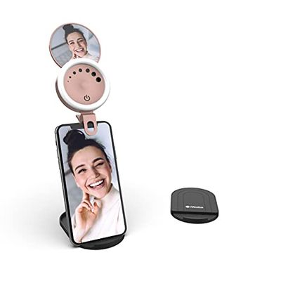 iWotto LED Mobile Ring Light met standaard en spiegel - 3 modi en 7 lichtintensiteiten - Ring Light voor Selfie, TikTok - Ring Light USB Oplaadbaar - 24 LED's Universeel voor Smartphone, Tablet - Roze