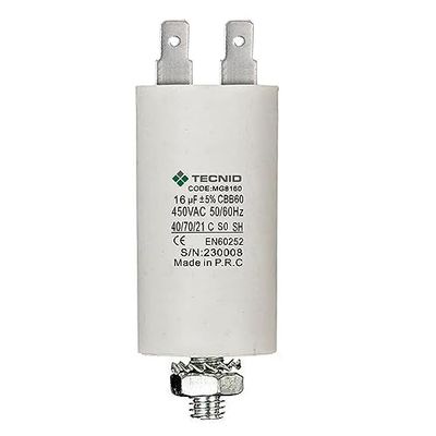 Aanzetcondensator voor elektrische motoren, 450V, capaciteit: 16µF, 4-pins / M8