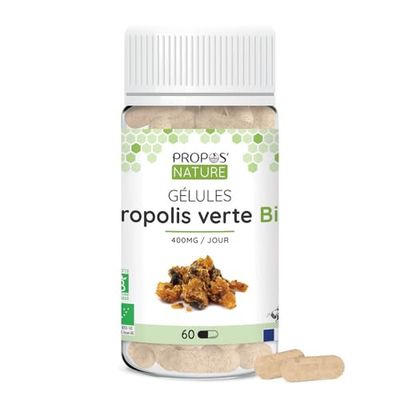 Gélules Végétale Propolis Verte Bio - enveloppe végétale - Dosées à 100mg/gélule - 60 gélules - Sans colorant ni conservateur - Certifiées bio - Agriculture Biologique - PROPOS'NATURE