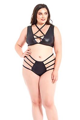 Glitter Strappy Pleather Bra Set, 3X, Black, 2-Piece