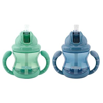 Nuby - Set di 2 tazze Flip-it antigoccia con manici - cannuccia in silicone e sistema ermetico clik-it-240ml - blu e verde