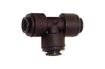 T-connector POM, voor buitenslang Ø 12 mm, werkdruk max. 10 bar.