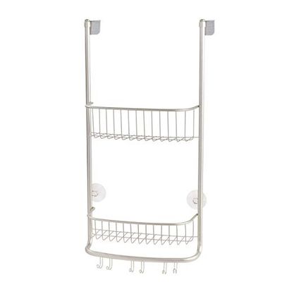 iDesign panier de rangement à suspendre, petit valet de douche en métal avec 2 paniers et 3 crochets doubles, panier de bain pour cabine de douche, argenté