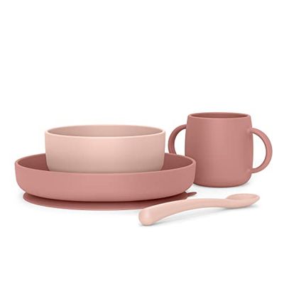 Suavinex, Vajilla para Bebé de Silicona, con Ventosa Resistente. Incluye: Bol de 350 ml + Plato de 400 ml + Taza 240 ml + Cuchara, +4 Meses. Colour Essence, Rosa