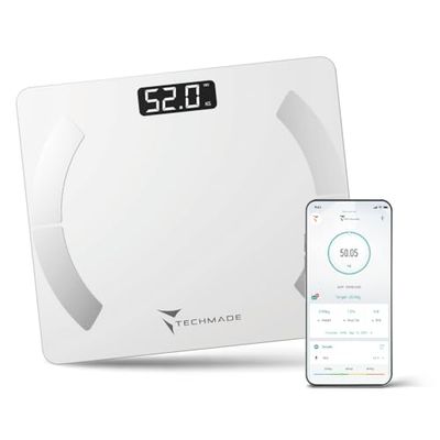 Techmade - Balance Impédancemètre Numérique | Analyse Complète du Corps | Bluetooth pour IOS & Android | Mesure IMC, Masse Graisse & Musculaire, Blanc, Matériaux Synthétiques et Électroniques