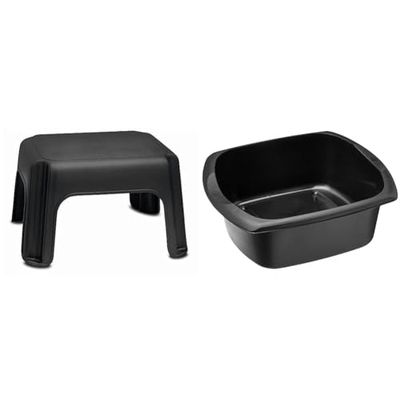 Addis Step Stool, Black & Rectangular Washing Up Bowl, Soft Black, 9.5 Litre