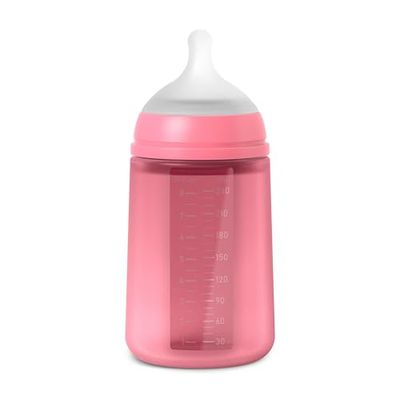 Suavinex, Siliconen babyfles, 240 ml, fysiologische speen van siliconen SX Pro, met anti-koliek ventiel, medium stroming fles (M), voor baby's vanaf 3 maanden. Colour Essence Fuchsia